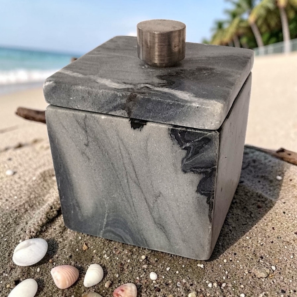 Marble Natural Stone Bathroom Storage Container Canister Silver Tone Handle Gray